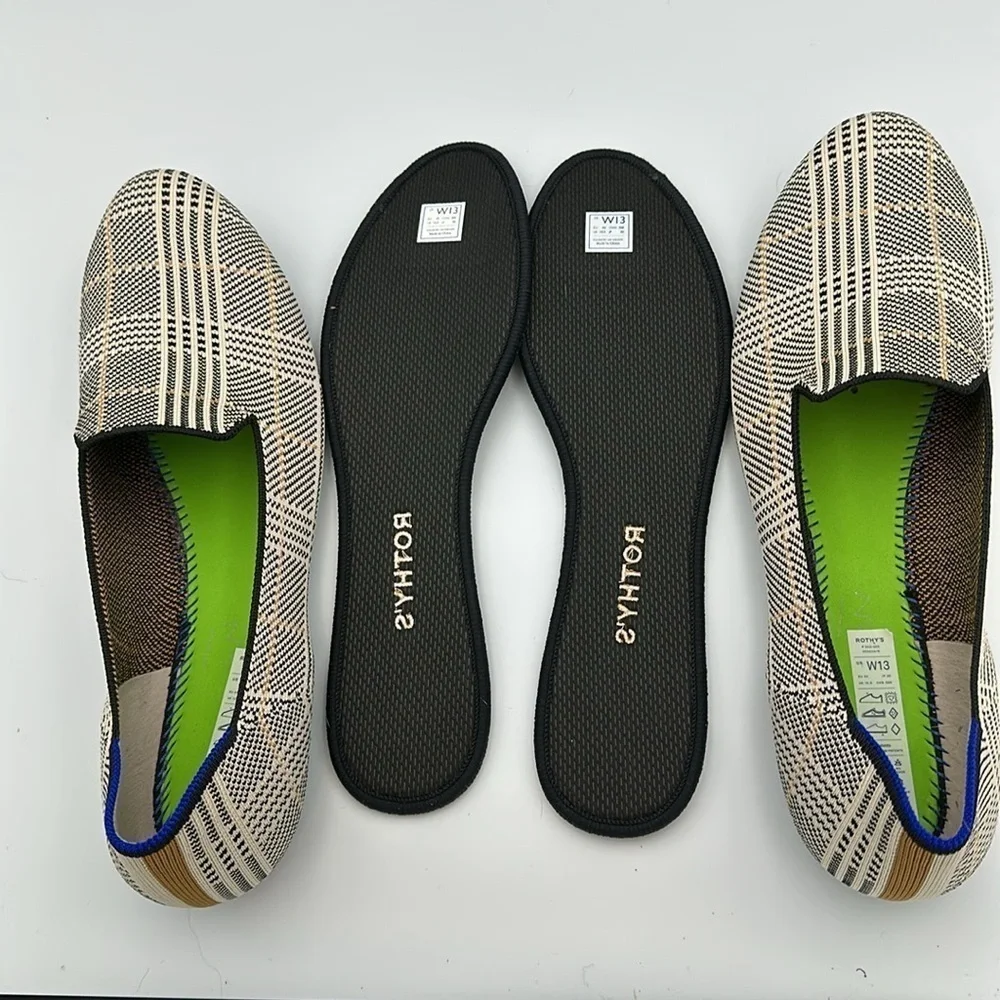 Rothy's The Loafer Ivory Glen Plaid Slip On Washable Flats Preppy Print Sz13